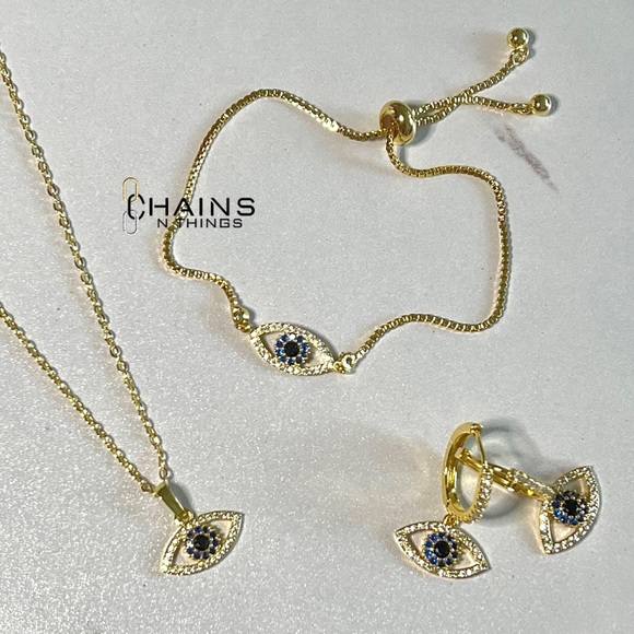 Necklace, Earrings, & Bracelet SET, Turkish Evil Eye Gold zircon blue eyes gift - Picture 1 of 6
